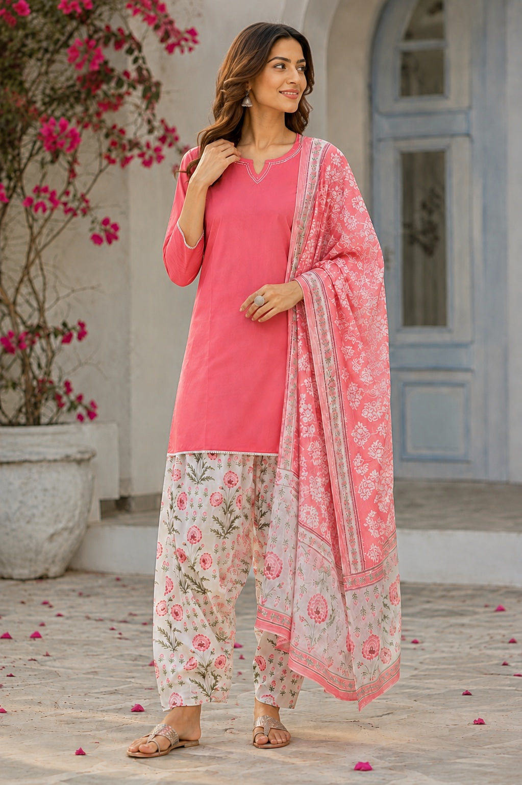 Pure Cotton Peach Floral Kurta and Pants with Dupatta