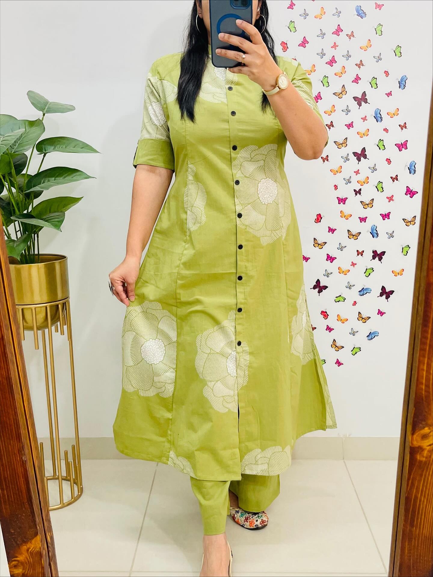 Women’s Olive Green Floral Printed Kurta Pant Set