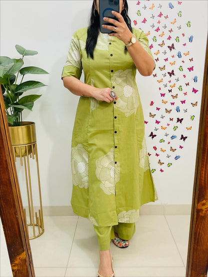 Women’s Olive Green Floral Printed Kurta Pant Set
