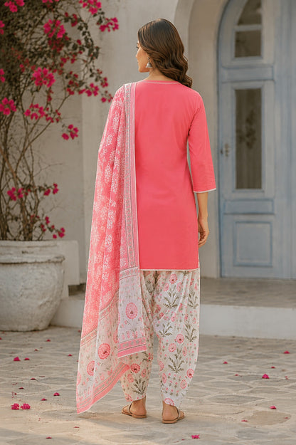 Pure Cotton Peach Floral  Kurta and Pants with Dupatta