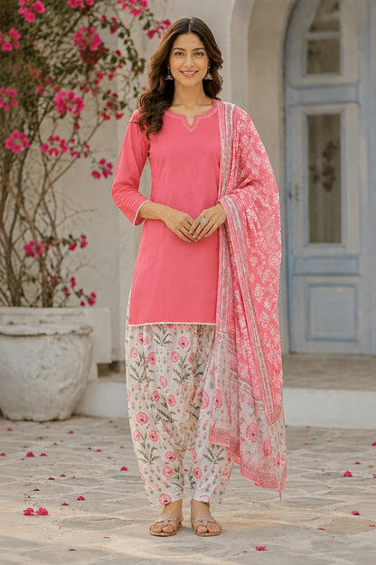 Pure Cotton Peach Floral  Kurta and Pants with Dupatta