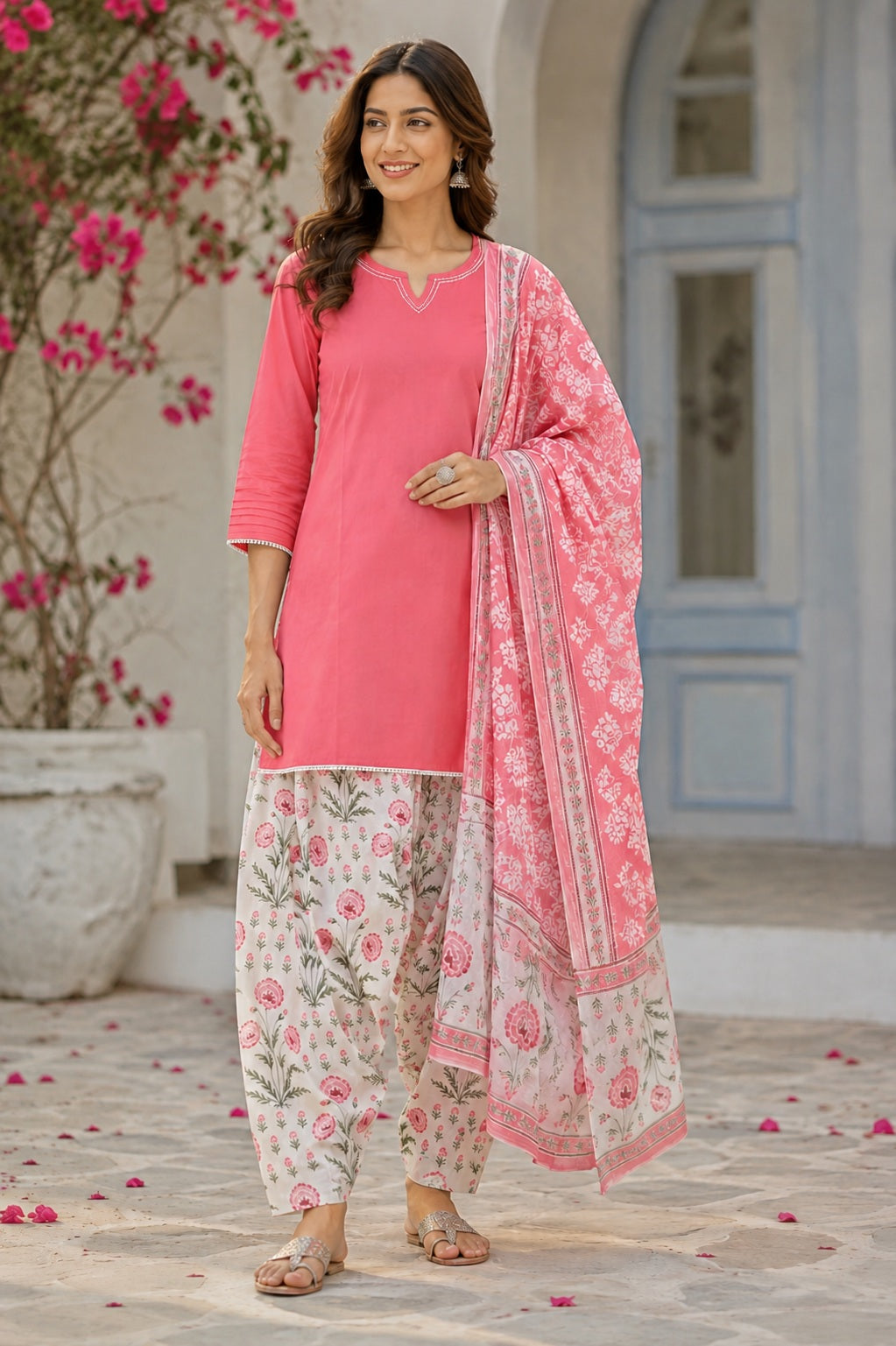 Pure Cotton Peach Floral  Kurta and Pants with Dupatta