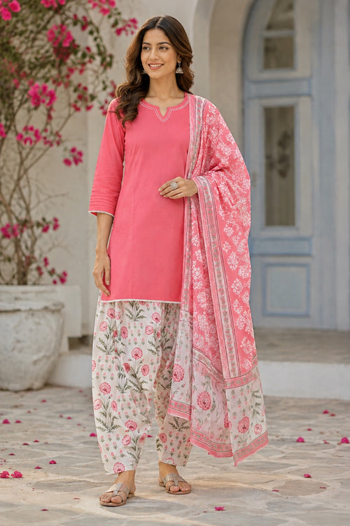 Pure Cotton Peach Floral  Kurta and Pants with Dupatta